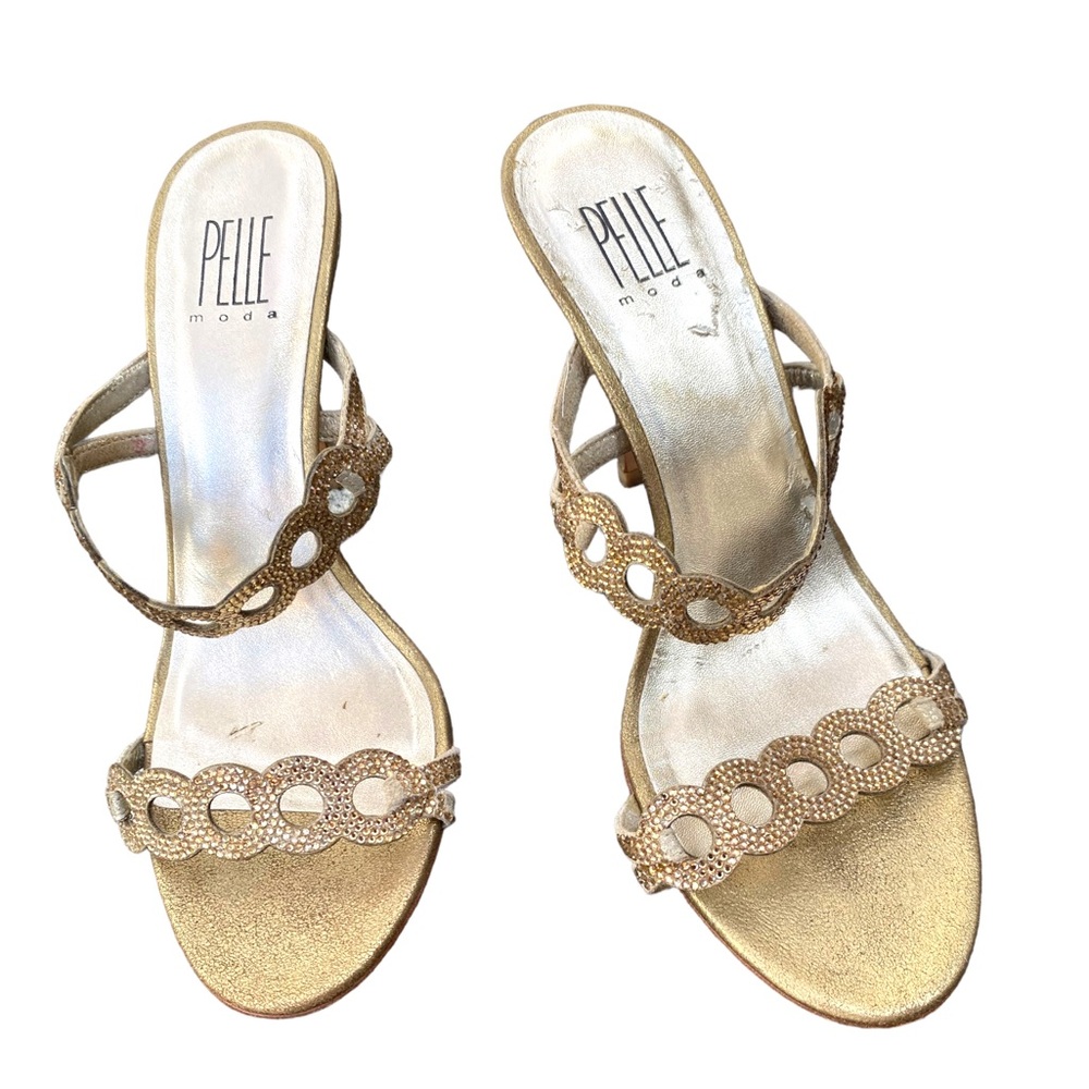 Pelle Moda Gold Rhinestone Strappy Heeled Shoes Size 8.5
